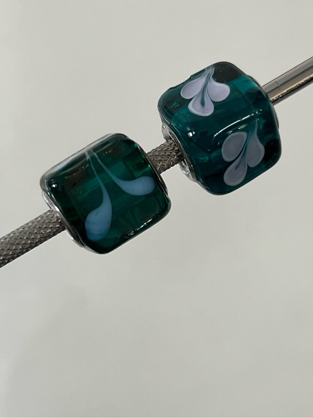 Lot of 2 Square Murano Glass 925 Slider Beads with Decorative Flourish Design